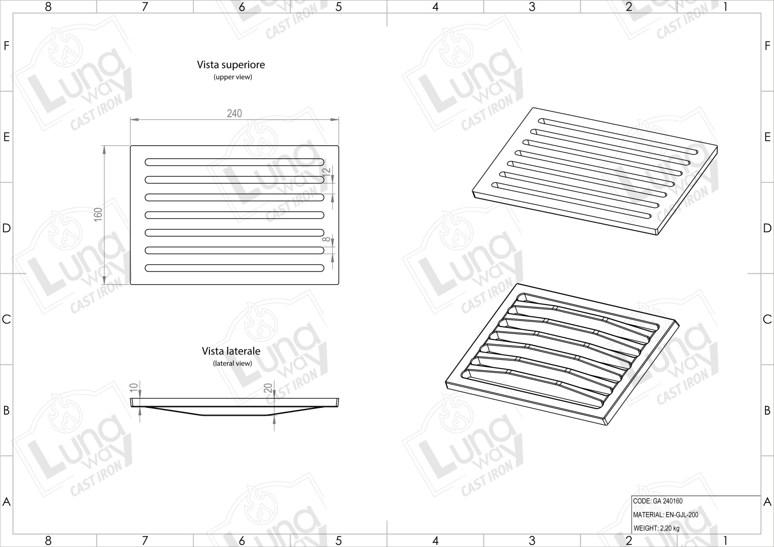 cast iron grate thickness 1 and central thickness 2 cm technical drawing